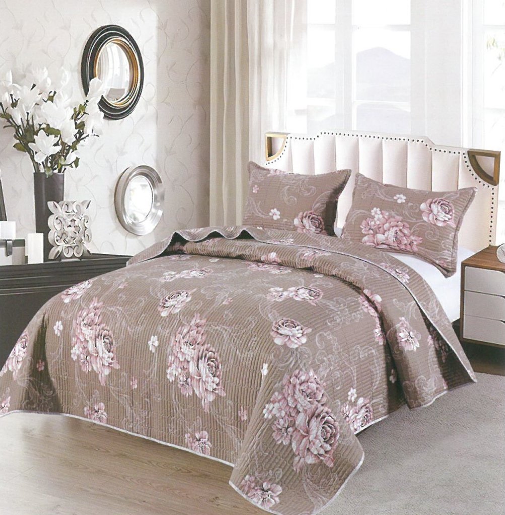 Bavlněný přehoz přes postel na dvojlůžko s 2 povlaky na polštáře - Hnědé růže