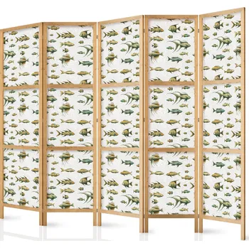 Paraván Japonský paraván - Neobvyklé druhy ryb: Shluk ryb v tlumených barvách v retro stylu na pozadí béžových pruhů Velikost: 225x172 cm