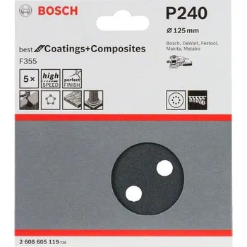 Brusný kotouč 5x Brusný kotouč do excentrické brusky Bosch F355 - 125mm, zr.240, 8 otvorů, suchý zip (2608605119)