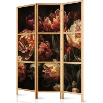 Paraván Japonský paraván - Nádherné tulipány: Kytice v červené a bílé na černém pozadí Velikost: 135x172 cm