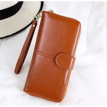 Peněženka Hnědá dámská peněženka ROC33 (Dámská velká peněženka s páskem kolem ruky, šířka 19,5 cm, 15 přihrádek)