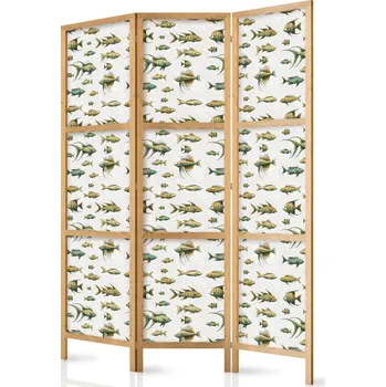 Paraván Japonský paraván - Neobvyklé druhy ryb: Shluk ryb v tlumeném retro stylu na pozadí béžových linek Velikost: 135x172 cm