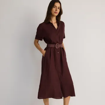 Dámské šaty Reserved - Lněné midi šaty s páskem - tmavě hnědá - 824EX-89X - 824EX-89X-L