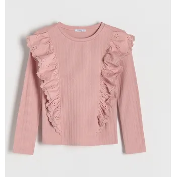 Dívčí tričko Reserved - Žebrované tričko s volánem - pastelově růžová - 982BO-03X - 982BO-03X-158