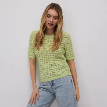 Dámský svetr Reserved - Ažurový svetr s krátkými rukávy - bledá zelená - 436EB-07X - 436EB-07X-S