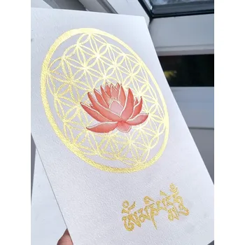 Obraz Autorská malba s mantrou Óm mani padmé húm, lotos a Květ života Originální malba - symbol posvátné geometrie