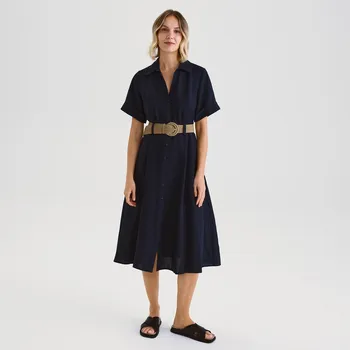 Dámské šaty Reserved - Midi šaty s příměsí lnu - tmavomodrá - 5139V-59X - 5139V-59X-M
