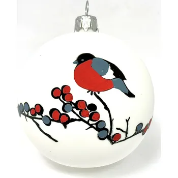 Vánoční ozdoba IRISA Skleněná vánoční ozdoba „Hýl na zimní větvi“, 8 cm, bílý mat s ruční malbou (s dárkovou krabičkou) 8 cm bílá 1 ks