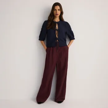 Dámské kalhoty Reserved - Lněné kalhoty se širokými nohavicemi - tmavě hnědá - 567EI-89X - 567EI-89X-XS