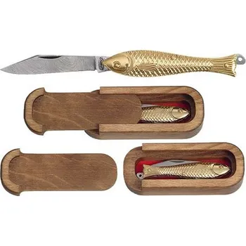 Sebeobrana MIKOV Nůž rybička DAMAŠKOVÁ OCEL střenka POZLACENÁ MOSAZ