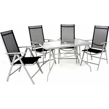 Zahradní sestava Venkovní jídelní set 4+1 kovový obdélníkový stůl + polohovací židle, světle šedá / černá