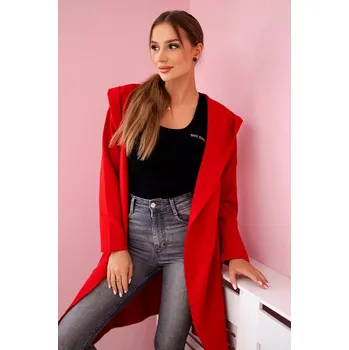 Dámský svetr Dlouhý kardigan s kapucí červené barvy Kesi červená 3096741