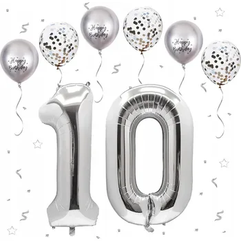 Balónek Fóliový balónek stříbrný ČÍSLICE 10, 100 cm + 6 latexových balónků