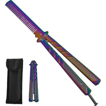 Bojový nůž X Tréninkový motýlek s hřebenem "BARBER FLIP" duhový