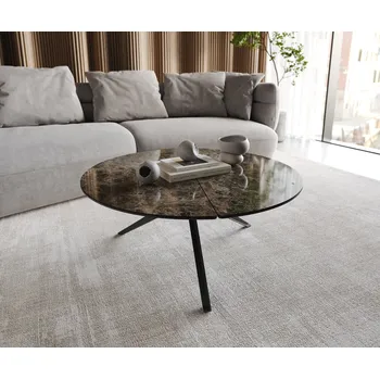 Konferenční stolek DELIFE Konferenční stolek Delron 90x90 cm keramika Laminam®Emperador Extra Lucidato tmavě hnědá křížová podnož plochá kov černá