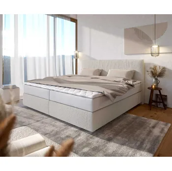 Postel DELIFE Čalouněná postel Dream-Well bouclé krémovo-bílá 200x200 cm s taštičkovou pružinovou matrací a visco topperem