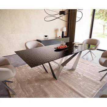 Jídelní stůl DELIFE Jídelní stůl Edge 180-220x100 sklo s reliéfem kouřově černé 3D design Spider plochá ocel nerezová ocel rozkládací