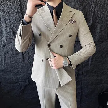 Pánský oblek Pruhovaný pánský oblek s vestou Boutique Business Velikost: M, Barva (Varianta): Sada 2 ks Khaki