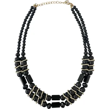 Náhrdelník Náhrdelník ze skleněných a plastových korálků - černý se zlatými kroužky