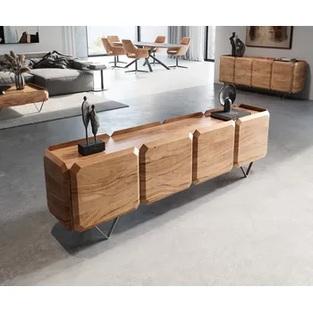 Televizní stolek DELIFE TV stolek Kiano 200 cm akácie přírodní 4 dvířka podnož ve tvaru V nerezová ocel prostorový dělící prvek