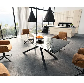 Jídelní stůl DELIFE Jídelní stůl Edge 200x100 sklo s reliéfem kouřově černé 3D design křížová podnož obdélník černá