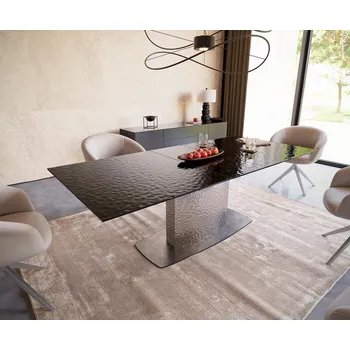Jídelní stůl DELIFE Jídelní stůl Edge 180-220x100 kouřově černé reliéfní sklo 3D design Wave nerezová ocel rozkládací