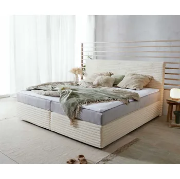 Postel DELIFE Čalouněná postel Dream-Well plyšový manšestr béžová 200x200 cm s taštičkovou pružinovou matrací a visco topperem