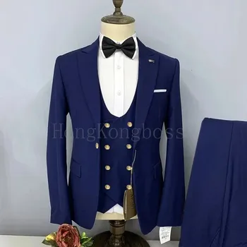 Pánský oblek Trojdílný pánský oblek s dvouřadou vestou Velikost: 3XL, Barva (Varianta): Tmavě modrá