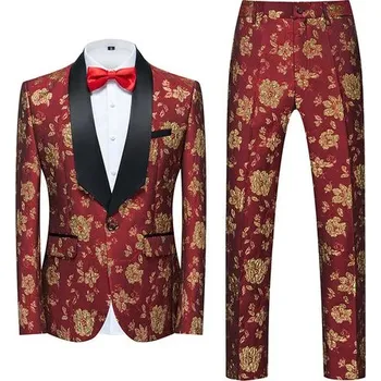 Pánský oblek Vyšívaný pánský oblek na ples a svatbu Velikost: XL, Barva (Varianta): Sada 2 ks zlato červená