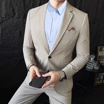 Luxusní pánský oblek 3v1 s pruhy Velikost: M, Barva (Varianta): Sada 2 ks Khaki