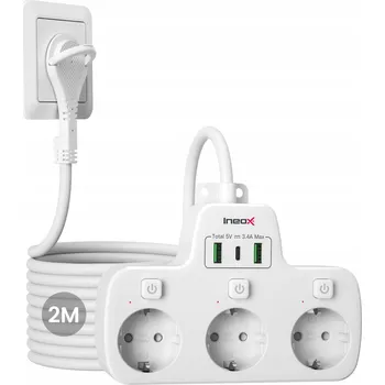 Napájecí kabel Rozbočovač / Prodlužovací kabel s 3 zásuvkami AC a 3 USB porty, 16A 4000W Ineox LZW-3UW2M