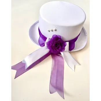 Svatební dekorace Bílý cylindr s perličkami a růžičkou - fialový