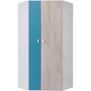 Šatní skříň Rohová skříň do studentského / dětského pokoje Planet - Meblar Bílá lux / Dub / Mořská 90x190 cm