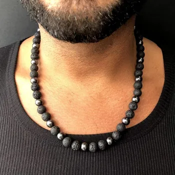 Šperk Pánský a dámský náhrdelník v tmavém stylu s hematitem a lávovými kameny