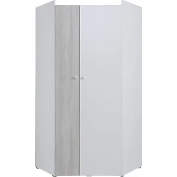 Šatní skříň Prostorná rohová šatní skříň s dvířky do dětského pokoje Como - Meblar Bílá Lux / Dub Wilton Bílý / Šedá 90x190 cm