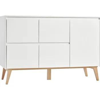 Komoda Prostorná komoda s dveřmi a zásuvkami do dětského pokoje Swing - Pinio Bílá / Přírodní Bukové Dřevo 148.9x92.2 cm