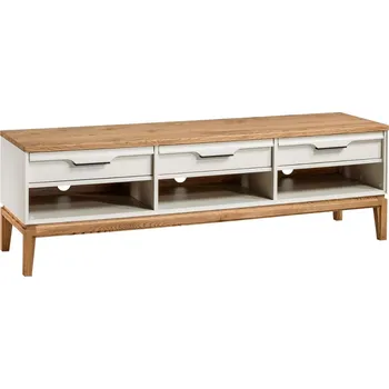 Televizní stolek Praktický TV stolek se zásuvkami do obývacího pokoje Granada - Meble Krysiak Olej. vosk. dubové prvky / Pouštní šedá (lak) 160x50 cm