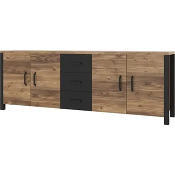 Komoda Široká komoda s dvířky a zásuvkami do obývacího pokoje Olin - Helvetia Appenzeller Fichte / Černý Mat 220x79 cm