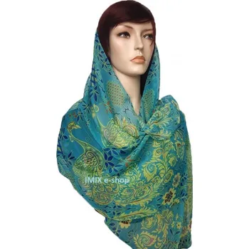 Šátek Šátek lehký šifónový s orientálními vzory s květy a pávy - modrozelený
