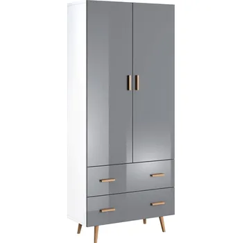 Šatní skříň Šatní skříň Brillo - Gala Meble Bílá / Šedý Lak Lesklý / Buk 90x209 cm
