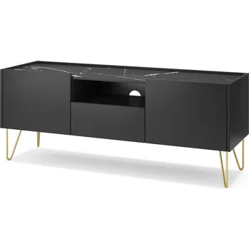 Televizní stolek Moderní TV stolek na nožkách do obývacího pokoje Harmony - Meble Piaski Černý Grafit / Mramor Black Royal 144x55 cm