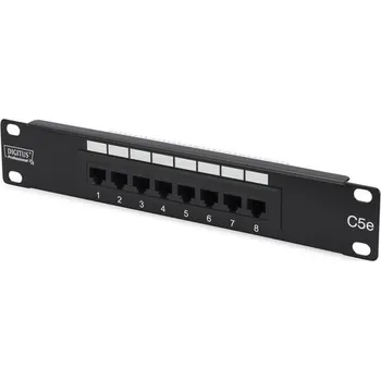 Patch panel Digitus CAT 5e patch panel, nestíněný, 8 portů RJ45, 8P8C LSA, 1U, 254 mm (10 "), montáž do stojanu, bl, 482x44x109 DN-91508U