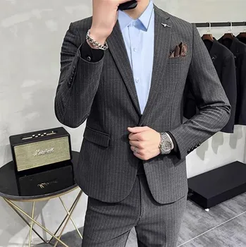 Pánský oblek Pruhovaný pánský oblek s vestou Boutique Business Velikost: 4XL, Barva (Varianta): 2v1 set Dark Gray 1