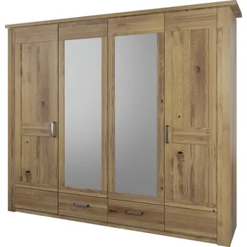 Šatní skříň Velká prostorná čtyřdveřová šatní skříň se zásuvkami a zrcadlem do ložnice Fontana - MMI Sleeping Olejovaný Sukovitý Dub 251x220 cm