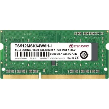 Operační paměť Transcend průmyslová paměť SODIMM DDR3 4GB 1600MHz, 1Rx8, CL11 TS512MSK64W6H-I