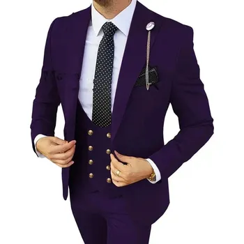 Pánský oblek Společenský oblek 3v1 s vestou Boutique Velikost: S, Barva (Varianta): Gold knoflík Purple