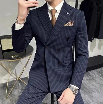 Pánský oblek Luxusní pánský oblek s proužky 3v1 s vestou v ceně Velikost: XL, Barva (Varianta): Sada 2 ks Navy