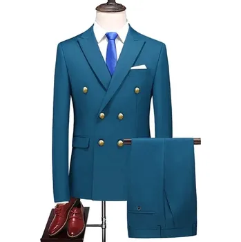 Pánský oblek Dvouřadý pánský oblek na společnost a do kanceláře Velikost: S, Barva (Varianta): Gold knoflík Hu Lan