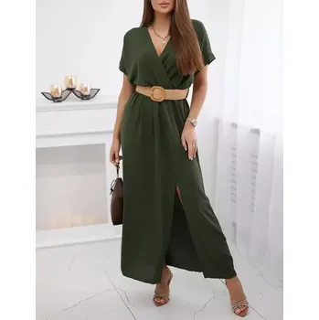 Dámské šaty Dámské šaty dlouhé s ozdobným páskem zdarma 6012F-13 khaki - univerzální - S/M/L (univerzální )