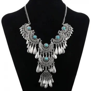 Náhrdelník Tribal Boho orientální náhrdelník ve staro-stříbrné barvě Tyrkysová